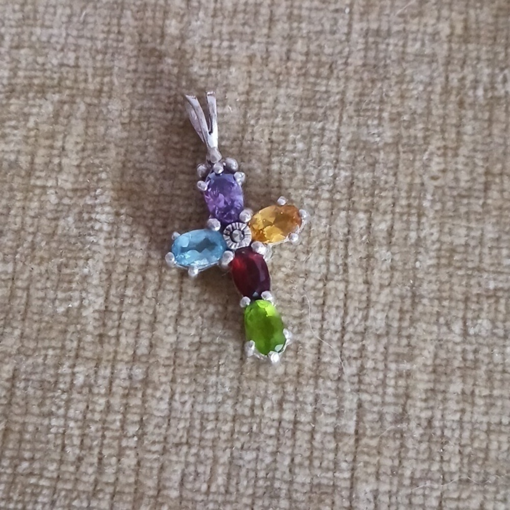Multi Gem Stone Sterling Silver Cross Pendant